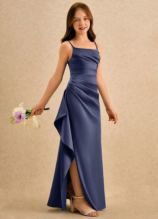 Azazie Cannoli Girls Formal Sukienki dla dziewczynek sypiących kwiaty Linia A Pofałdowany Matowy satynowy Długość podłogi Sukienka image1