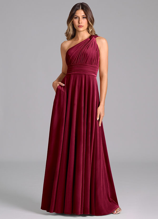 Azazie Charlize Bridesmaid Dresses Burgundy A-Line One Shoulder Velvet Dress image1