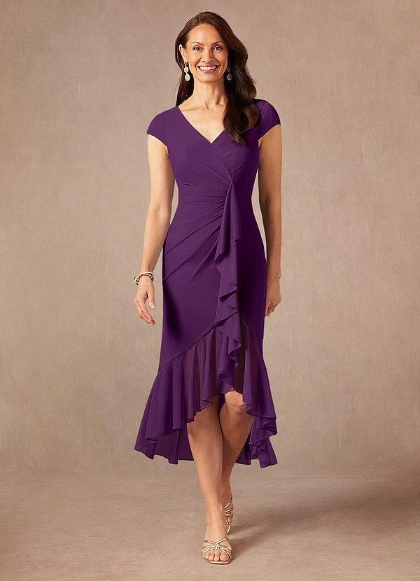 Azazie Renetta Mother of the Brides Dresses Grape Sheath V-Neck Pleated Mesh Dress image1