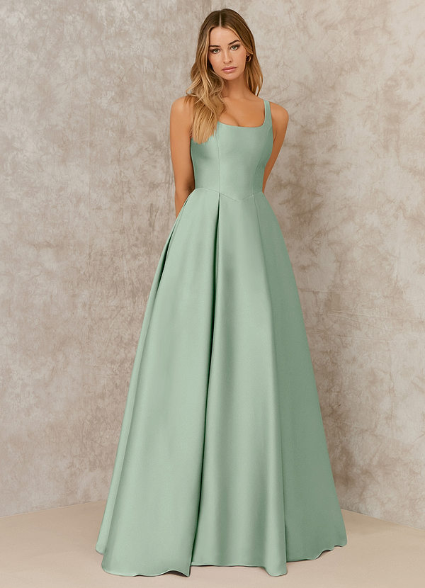 front A-Line Pleated Stretch Satin Floor-Length Dress