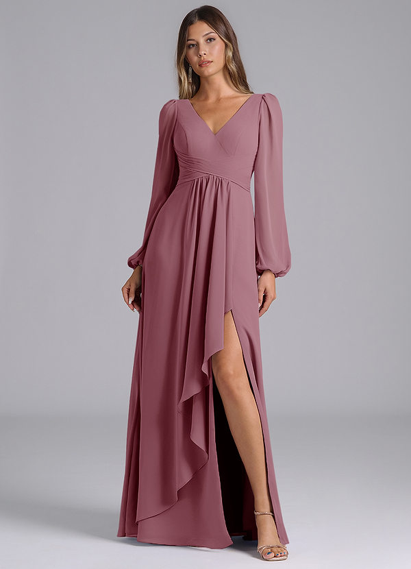 Azazie Liah Bridesmaid Dresses Vintage Mauve A-Line Long Sleeve Chiffon Dress image1