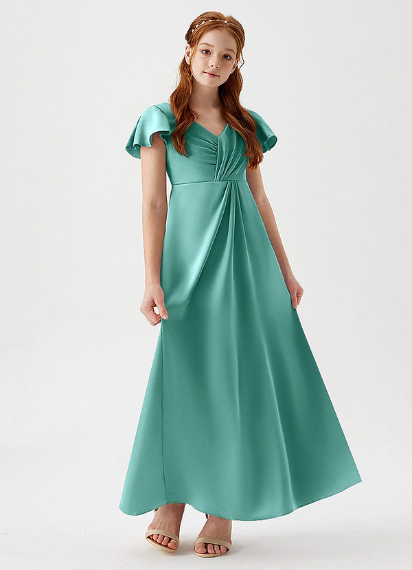 Azazie Soren Junior Aqua A-Line Ruched Stretch Satin Dress image1