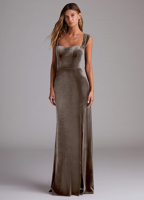 Azazie Junia Robes Demoiselle d'honneur Robe Fourreau Convertible en velours Épaule décolletée Taupe Argenté image1