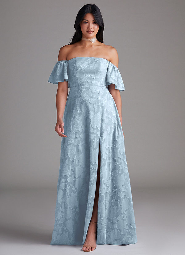 Azazie Sue Bridesmaid Dresses Sky Blue A-Line Off the Shoulder Floral Burnout Convertible Dress image1