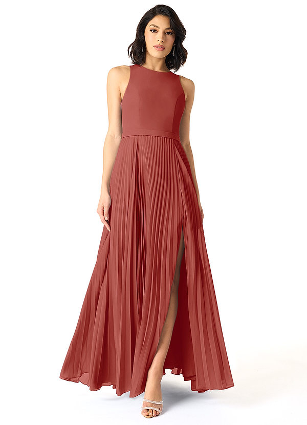 Azazie Lindie Abiti da Damigella Abito A-Line in Chiffon con Scollo a U a Pieghe Terracotta image1