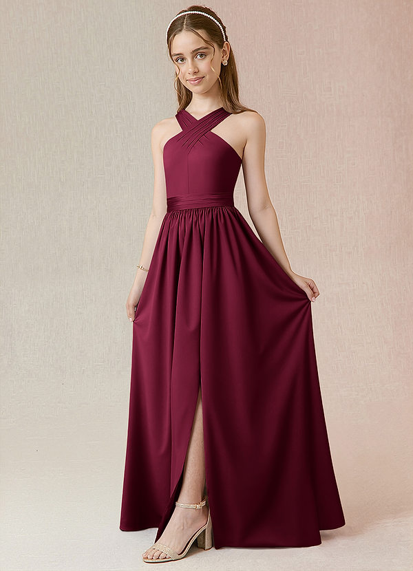Jiya Junior Burgundy A-Line Pleated Stretch Satin Dress image1