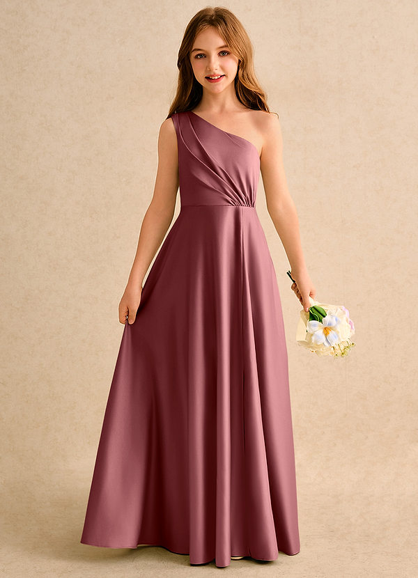 Azazie Puddles Girls Formal Flower Girl Dresses Amethyst A-Line One Shoulder Matte Satin Dress image1