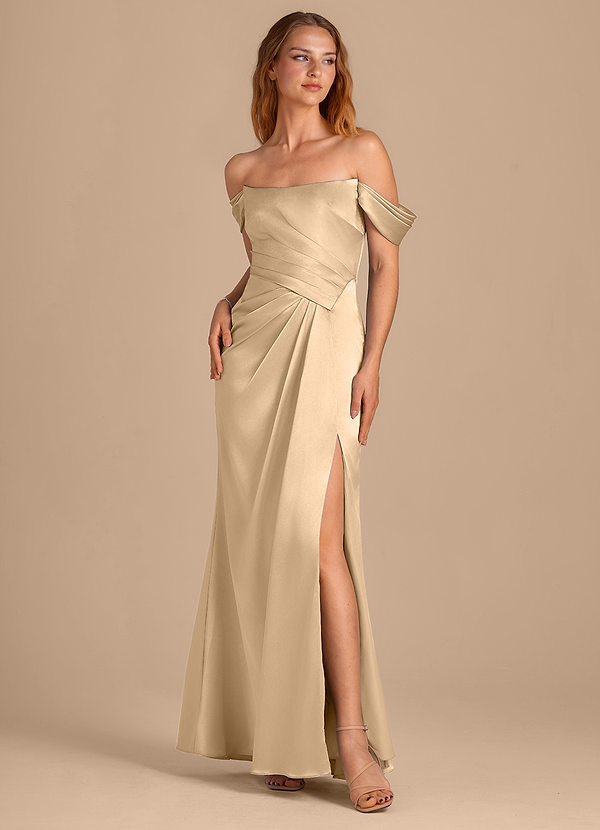 Azazie Shea Bridesmaid Dresses Gold Mermaid Off the Shoulder Metallic Satin Convertible Dress image1