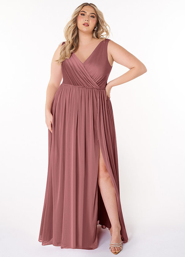 Azazie Tanicia Brautjungfernkleider A-Linie V-Hals Gefaltet Gittergewebe Kleid Wüstenrose image1