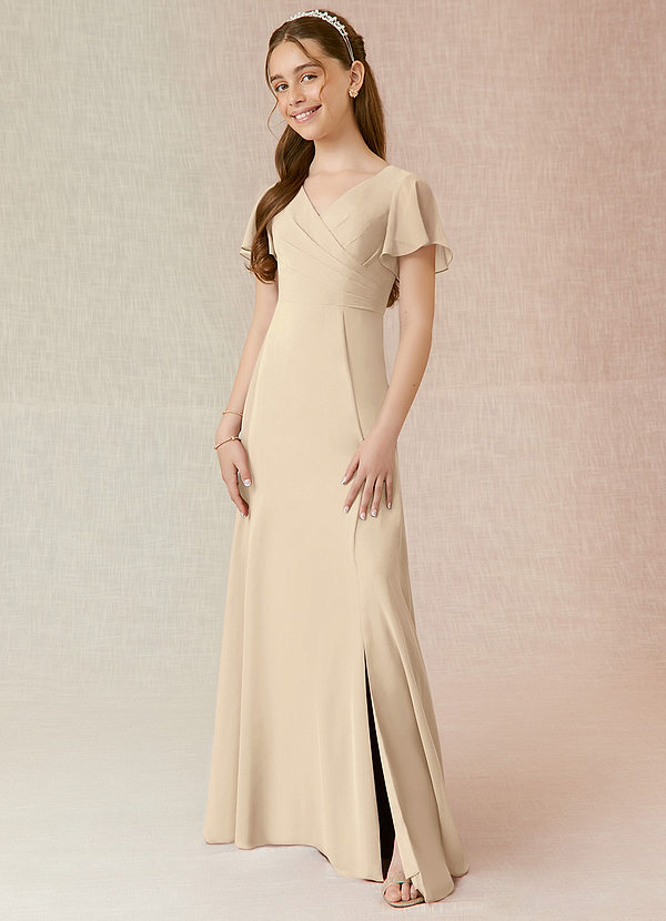 Azazie Induh Junior Champagne A-Line Ruched Chiffon Dress image1