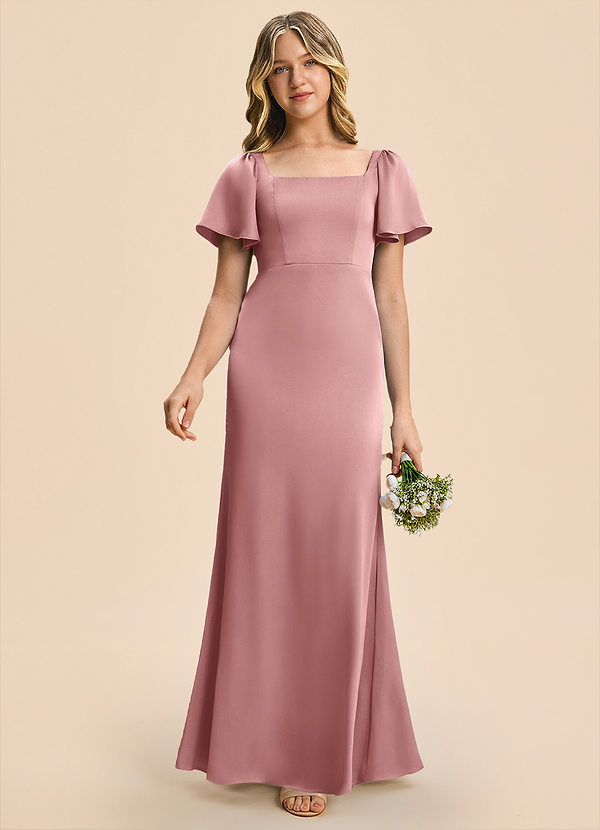 Azazie Chace Junior Vestido Rosa Polvorienta de Satén Elástico de Corte Recto image1