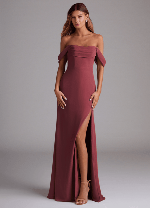 Azazie Saige Brautjungfernkleider Wandelbar A-Linie Schulterfrei Chiffon Kleid Merlot image1