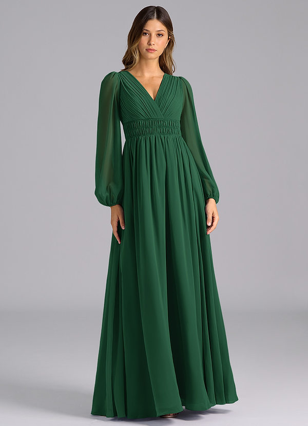 Azazie Palerma Bridesmaid Dresses Dark Green A-Line Long Sleeve Chiffon Dress image1