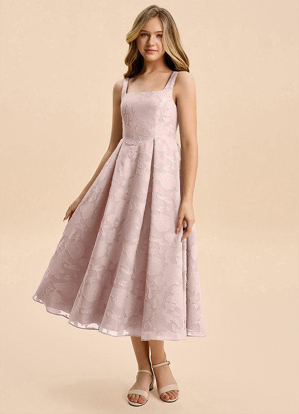 Azazie Amalie Junior Blushing Pink A-Line Ruched Floral Burnout Dress image1