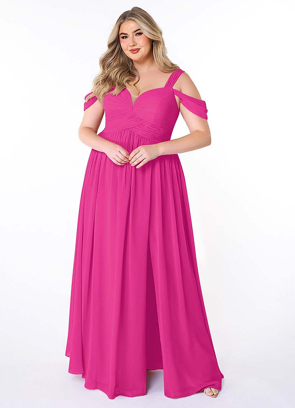 Azazie Lianne Bridesmaid Dresses Fuchsia A-Line Off the Shoulder Chiffon Dress image1