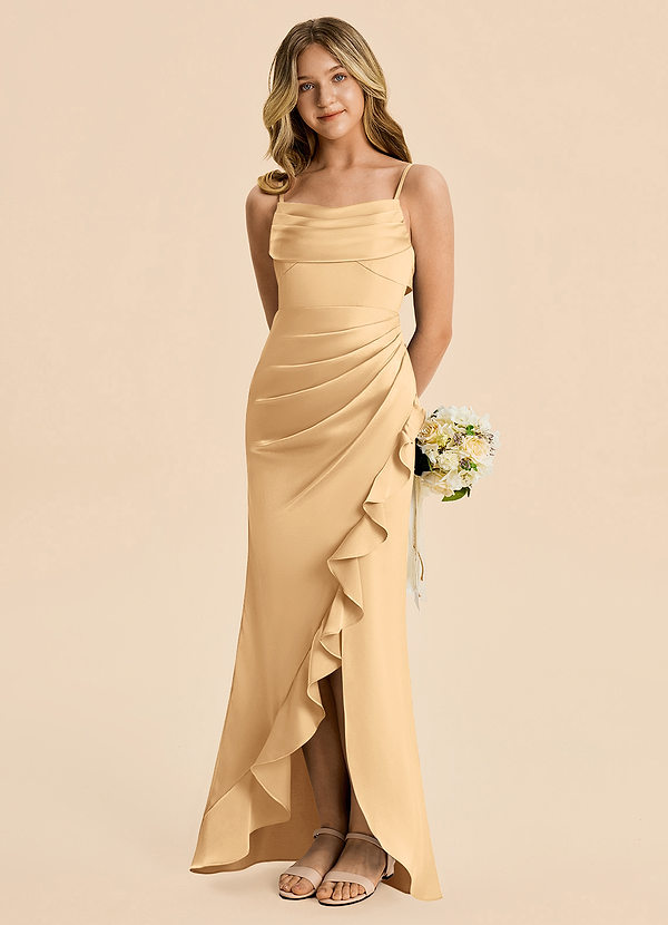 Mia Junior Gold Mermaid Pleated Stretch Satin Dress image1