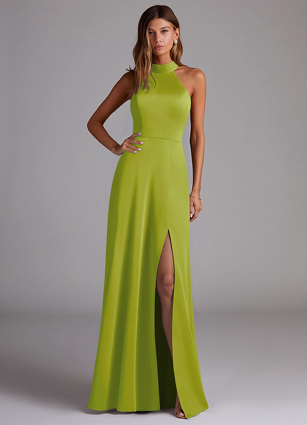 Azazie Myra Bridesmaid Dresses Lemongrass A-Line High Neck Stretch Satin Dress image1