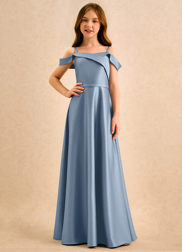 Azazie Jupie Girls Formal Robes de Fillette d'Honneur Robe Trapèze en Mat Satiné Plissée Bleu Poussiéreux image1