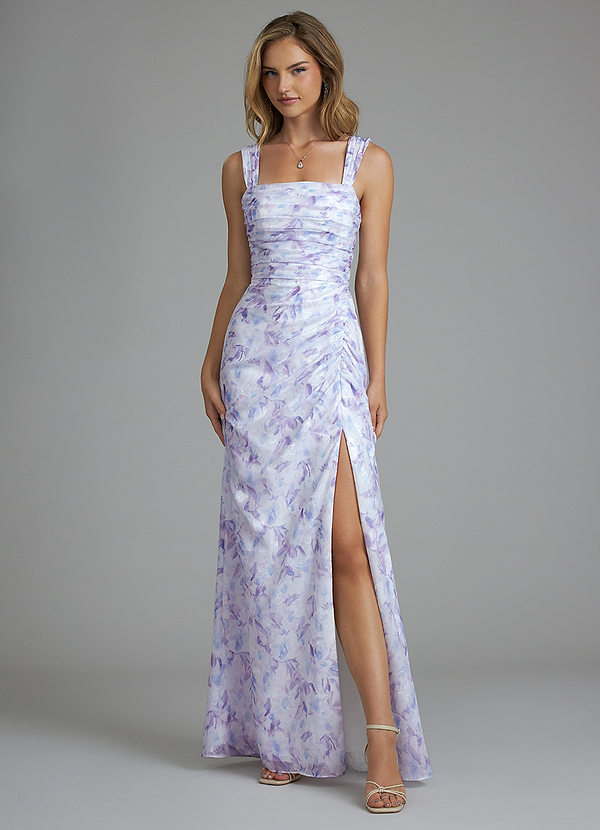 Azazie Jesaphine Bridesmaid Dresses Lilac Watercolor Floral Sheath Pleated Watercolor Floral Dress image1