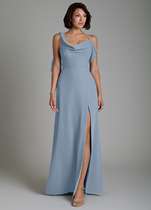 Azazie Jayden Bridesmaid Dresses Dusty Blue A-Line Side Slit Chiffon Dress image1
