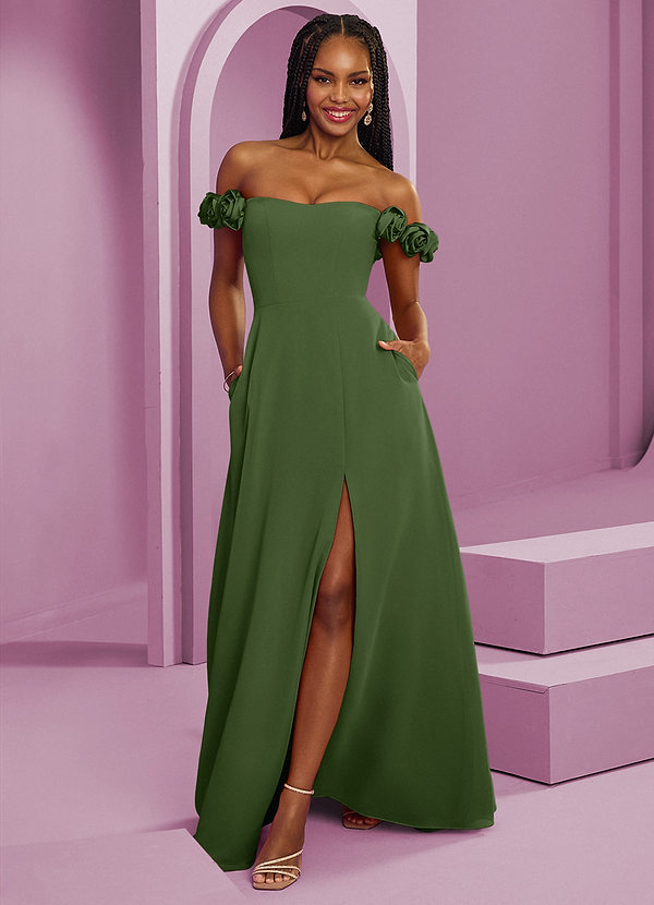 Barbie ♥ Azazie Suknie dla druhen Rozkloszowana szyfonowa sukienka z odkrytymi ramionami i kwiatowymi rozetkami image1