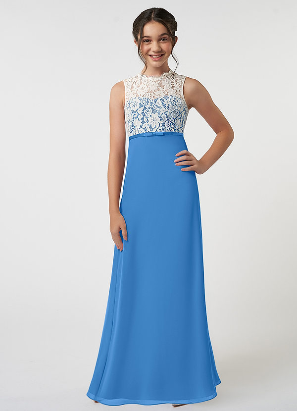 Azazie Rana Junior Robe Trapèze en Mousseline de soie Dentelle Geai Bleu image1