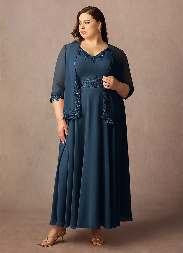 Azazie Devana Abiti Mamma della Sposa Abito A-Line in Chiffon Paillettes Marino Scuro image1