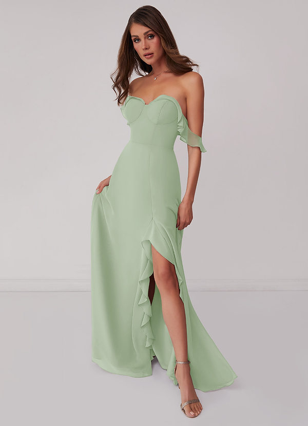 Barbie ♥ Azazie Bridesmaid Dresses Off-the-Shoulder Ruffle Chiffon A-line Dress image1