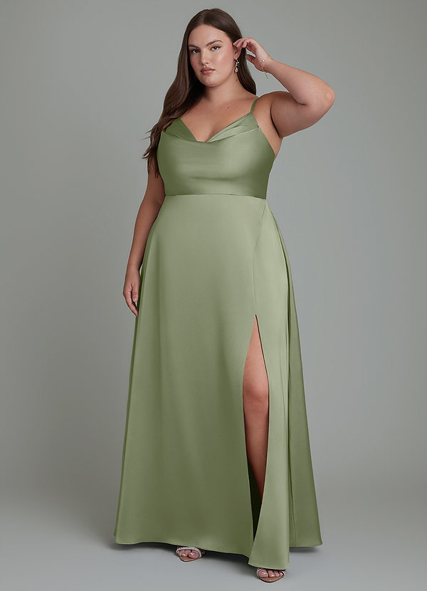 Azazie Sarella Brautjungfernkleider A-Linie Plissee Stretch-Satin Kleid Pistazie image1