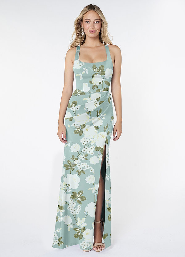 Azazie Mero Bridesmaid Dresses Misty Floral Garden Mermaid Pleated Stretch Satin Dress image1