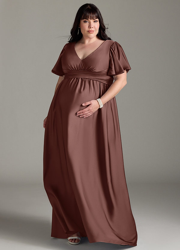 Azazie Verna Maternity Bridesmaid Dresses A-Line Ruched Stretch Satin Floor-Length Dress image1