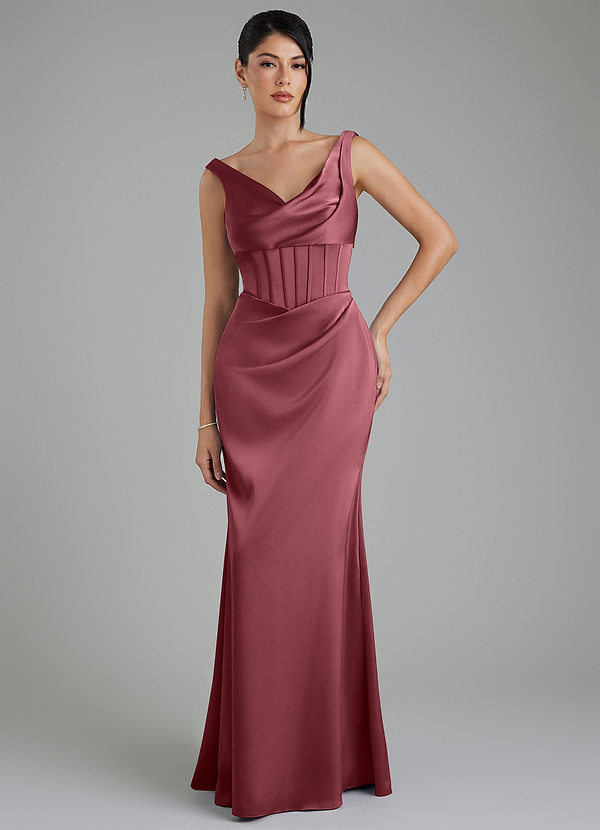Azazie Spencer Bridesmaid Dresses Desert Rose Mermaid Pleated Stretch Satin Dress image1