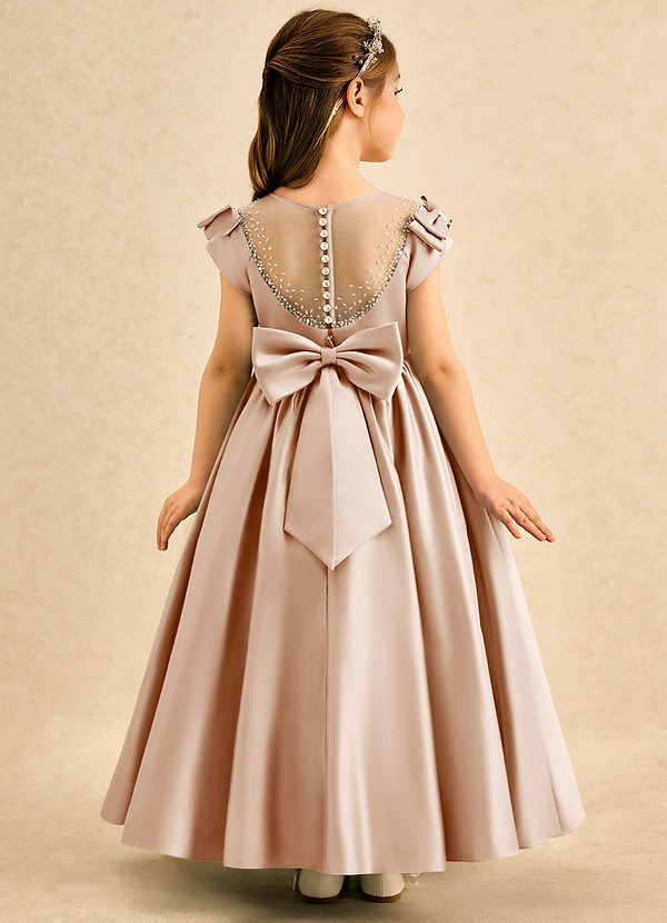 Azazie Toffee Abiti da Ragazza di Fiori Abito Principessa in Raso Opaco Fiocco Rosa Inglese image1