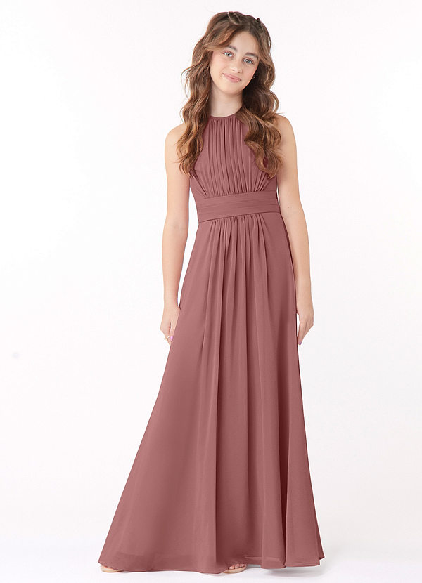 Azazie Bonnie Junior Desert Rose A-Line Pleated Chiffon Dress image1