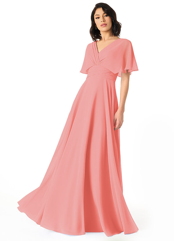 Azazie Pamela Bridesmaid Dresses Coral A-Line V-Neck Pleated Chiffon Dress image1