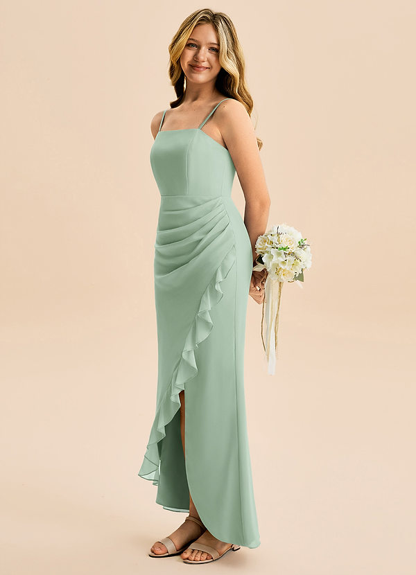 Azazie Buzzy Junior Agave Sheath Pleated Chiffon Dress image1