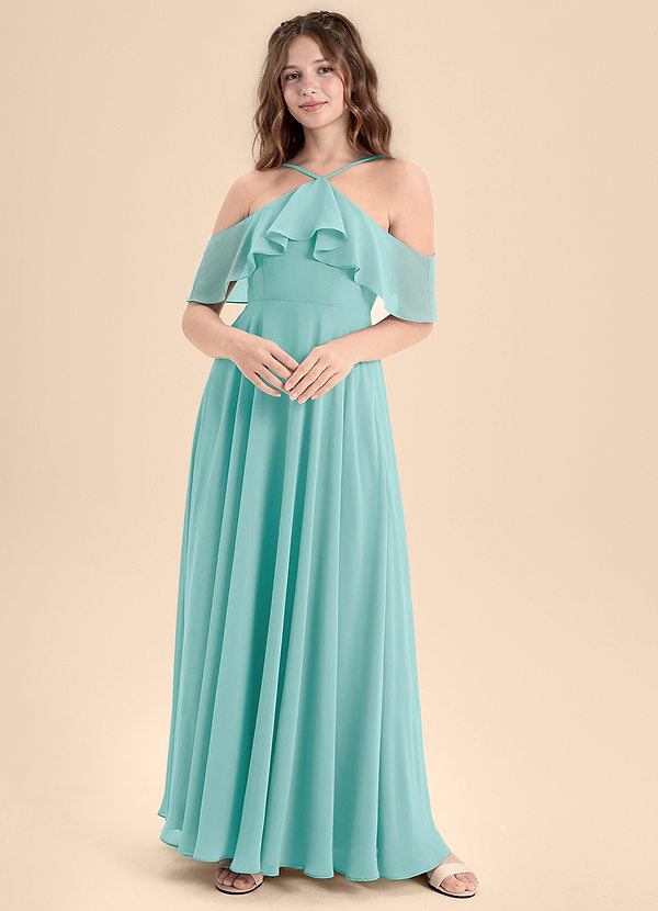Azazie Tessabelle Junior Abito A-Line in Chiffon a Spalla Scoperta Acqua image1