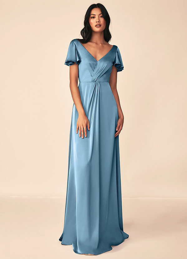 Azazie Soren Bridesmaid Dresses Steel Blue A-Line Pleated Stretch Satin Dress image1