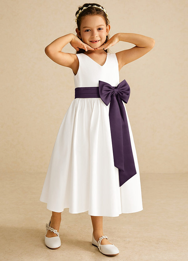 Azazie Darling Flower Girl Dresses Ivory Plum A-Line Bow Cotton Dress image1
