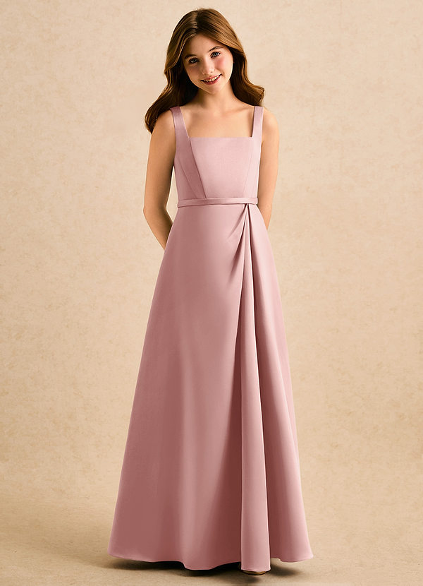 Azazie Emiko Girls Formal Flower Girl Dresses Rose Gold A-Line Pleated Matte Satin Dress image1