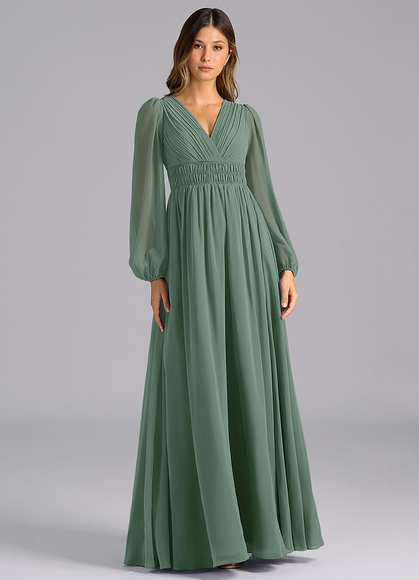 Azazie Palerma Brautjungfernkleider A-Linie Langarm Chiffon Kleid Eukalyptus image1