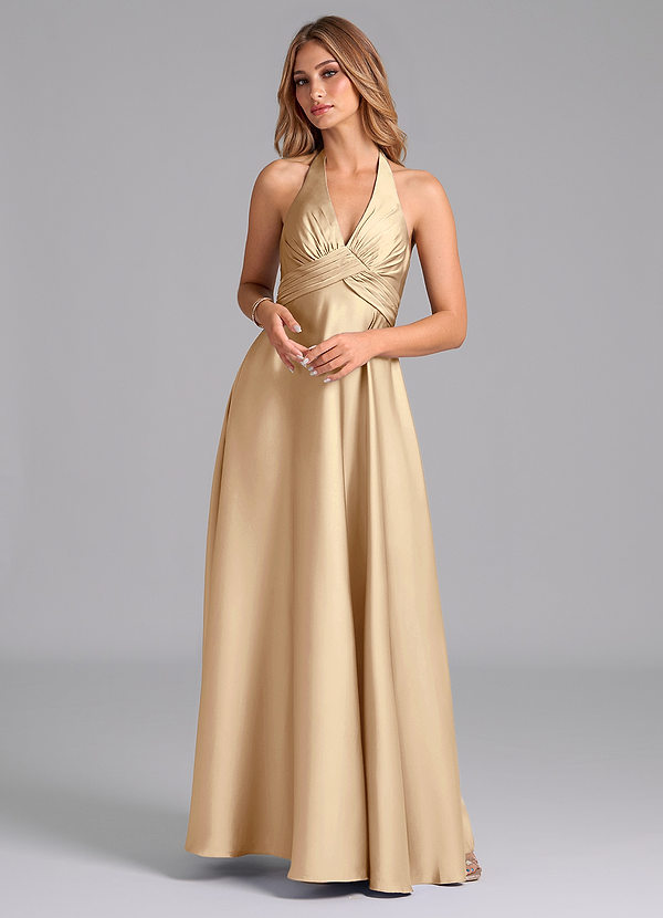Azazie Tessie Bridesmaid Dresses Champagne A-Line Pleated Stretch Satin Dress image1