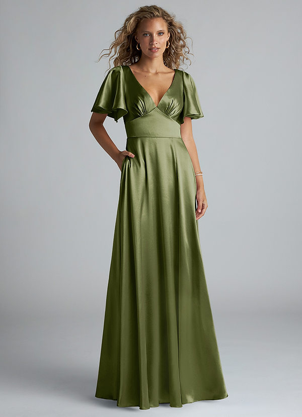 Azazie Kimber Bridesmaid Dresses Olive A-Line Ruched Metallic Satin Dress image1