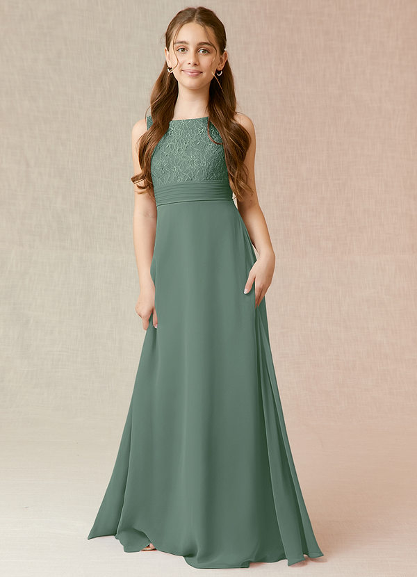Azazie Snow Junior Eucalyptus A-Line Lace Chiffon Dress image1