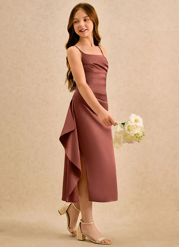 Azazie Canna Girls Formal Blomsterpigekjoler A-Line Plisseret Stræk satin Te-længde Kjole image1