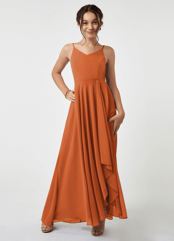 Azazie Collette Junior Cinnamon A-Line Ruched Chiffon Dress image1
