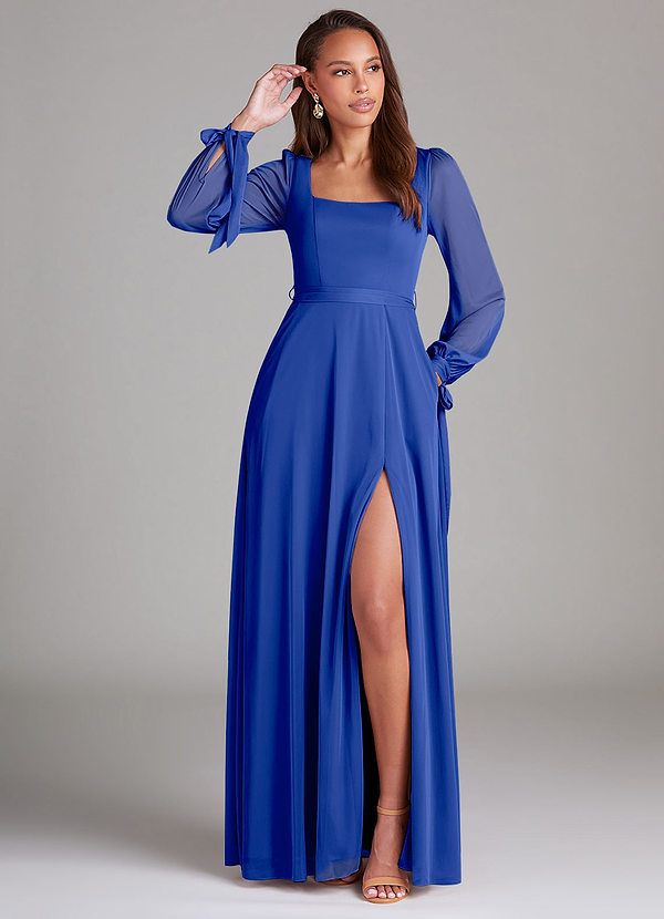 Azazie Leonia Brautjungfernkleider A-Linie Langarm Gittergewebe Kleid Königsblau image1
