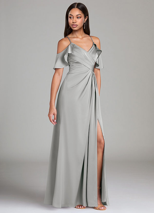 Azazie Dakota Bridesmaid Dresses Silver A-Line Off the Shoulder Stretch Satin Dress image1