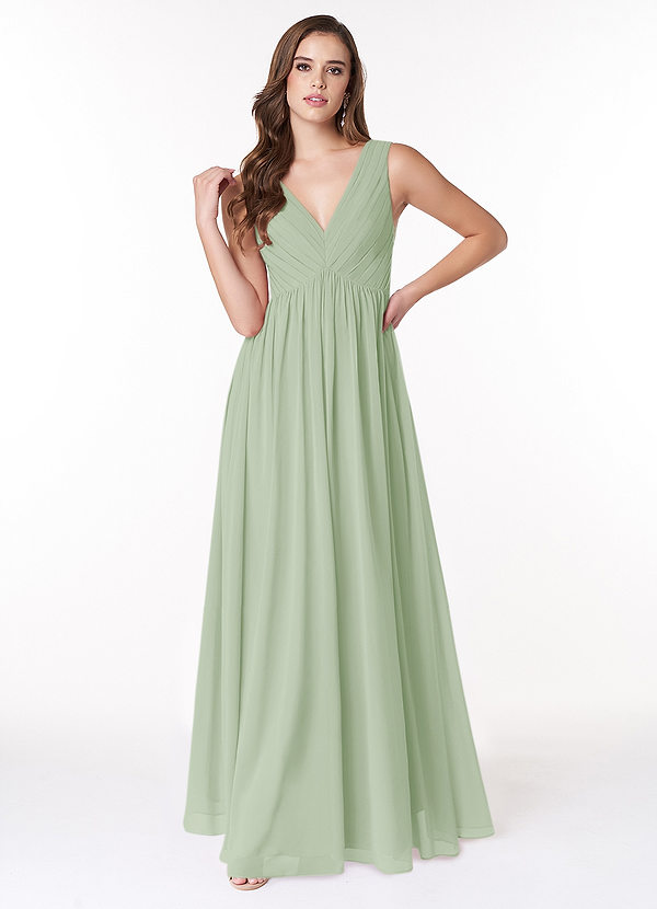 Azazie Ranvie Brautjungfernkleider A-Linie V-Hals Gefaltet Chiffon Kleid Staubiger Salbeigrün image1