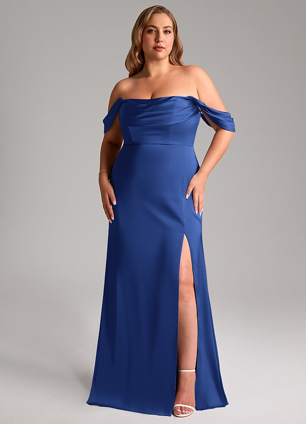 Azazie Saige Bridesmaid Dresses Royal Blue Sheath Off the Shoulder Stretch Satin Dress image1